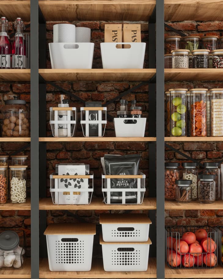 Organised Pantry Items, Non Perishable Food Staples, Healthy Eatings, Fruits, Vegetables And Preserved Foods In Jars On Kitchen Shelf