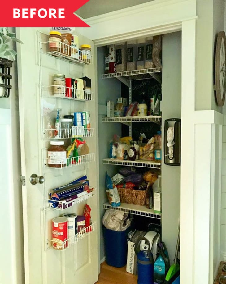 Cluttered pantry with shelves and door racks filled with various food items and cleaning supplies.