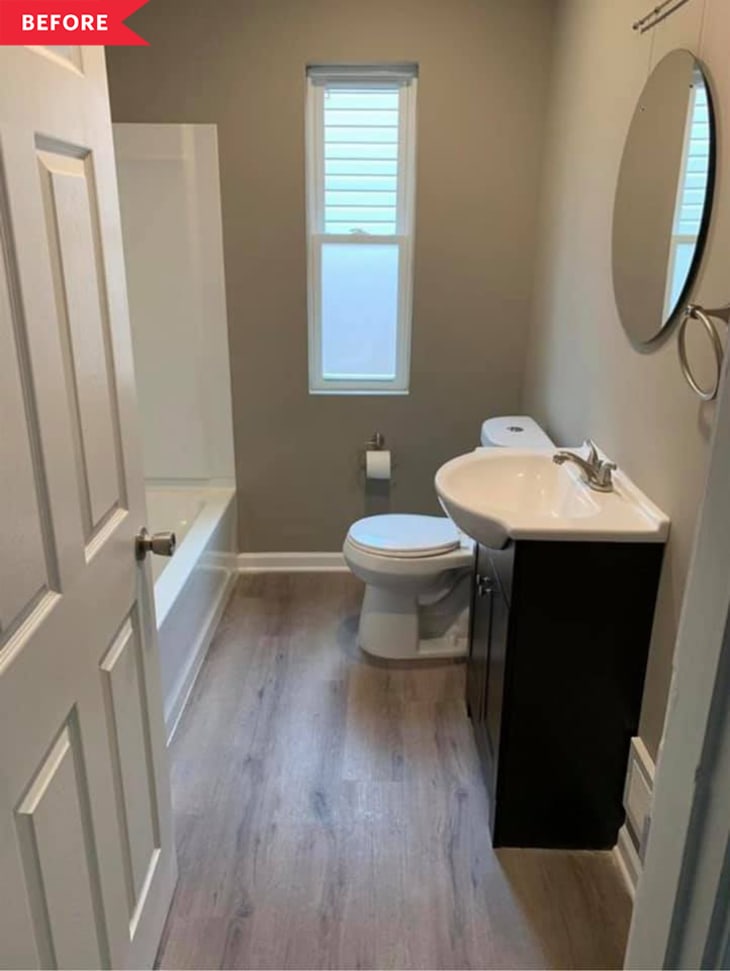 Before: Plain beige and brown bathroom with dark wood vanity