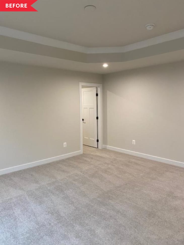 Before: empty beige bedroom with beige carpet