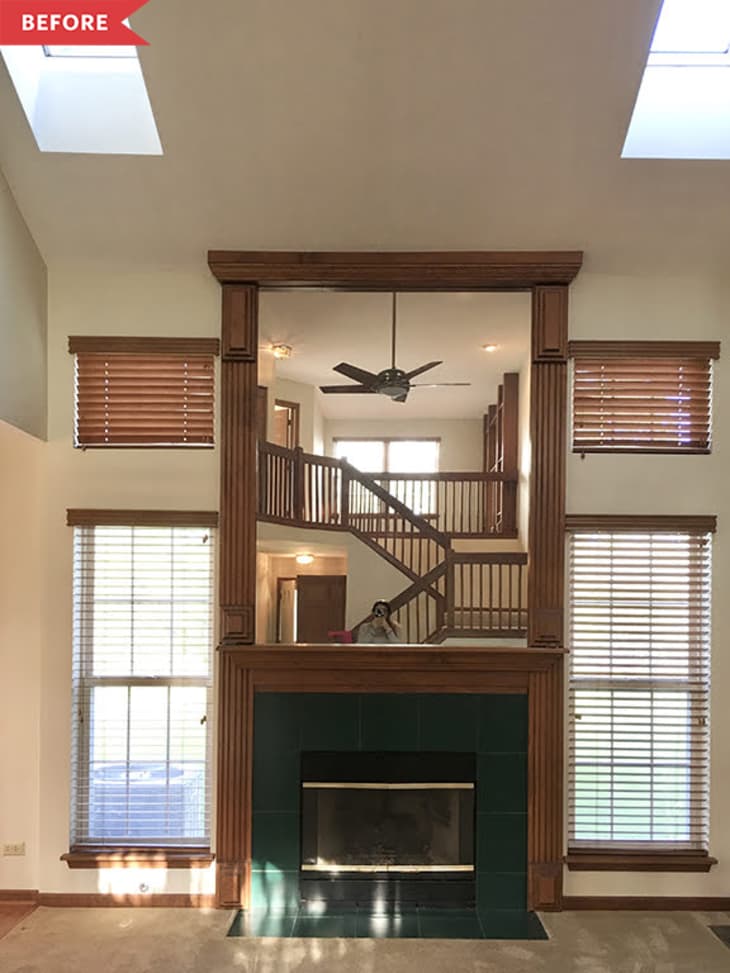 Before: '90s style fireplace with mirror above it