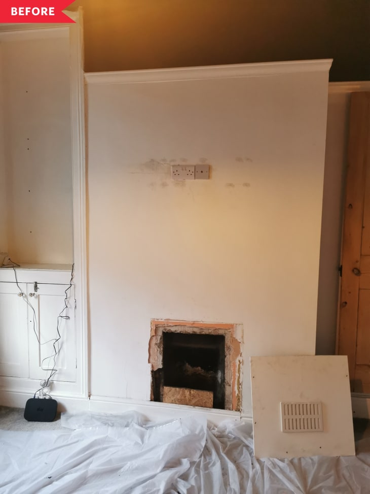 Before: Living space with white and brown walls