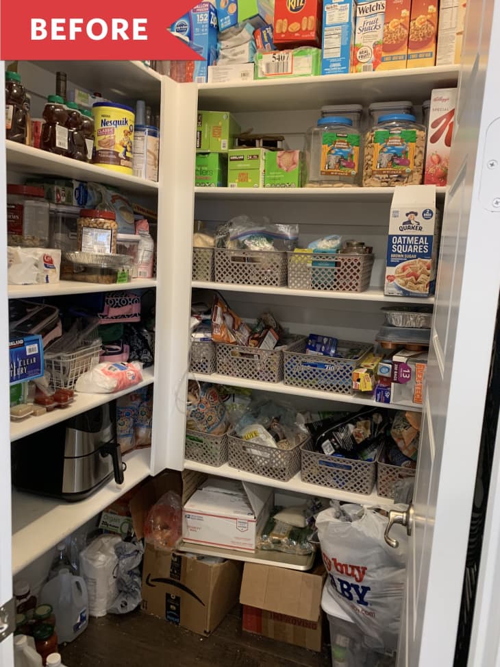 Cluttered pantry with assorted food items, snacks, and storage baskets on shelves.