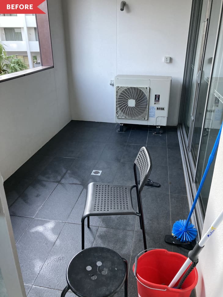 Before: empty balcony space with white walls, dark gray floors