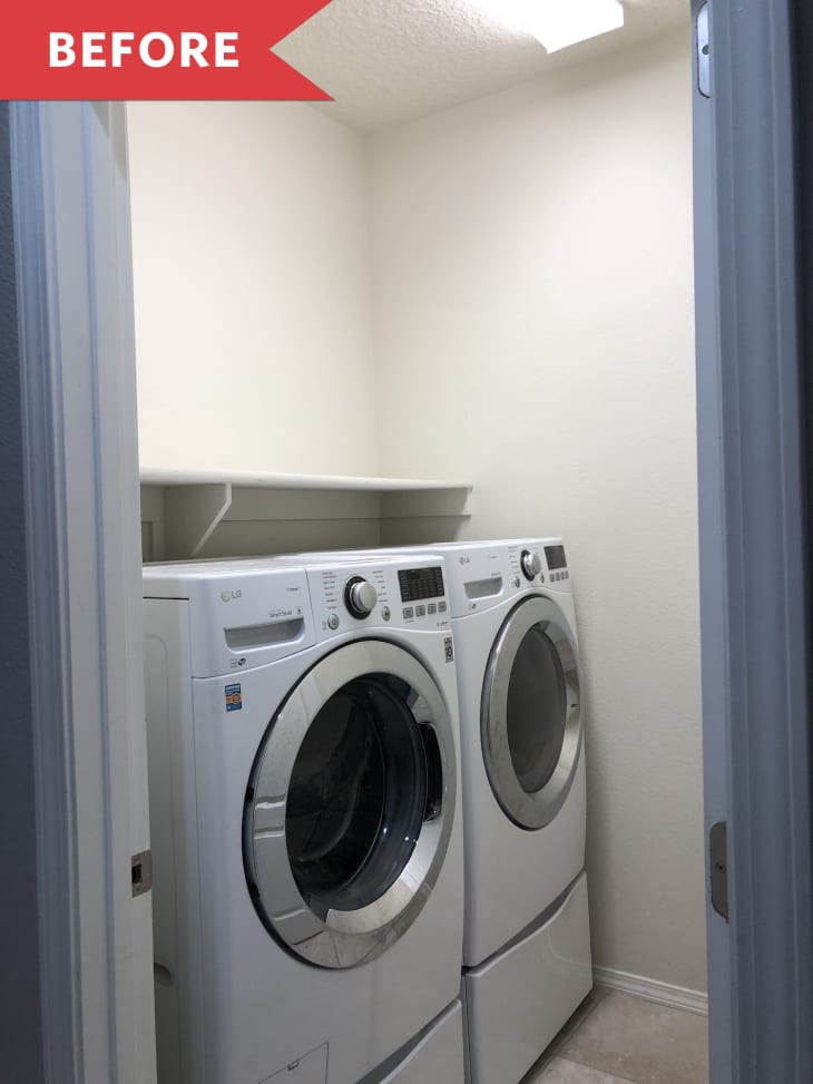 Small laundry room with front-loading washer and dryer under a shelf, labeled "Before" in red.