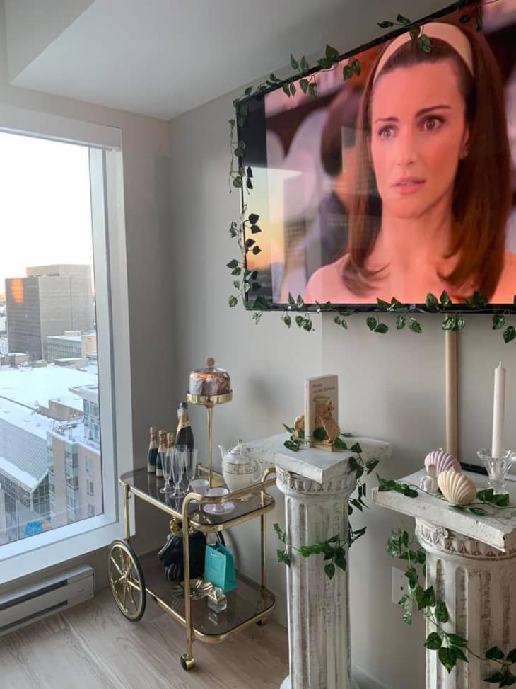 TV above two podiums surrounded by greenery