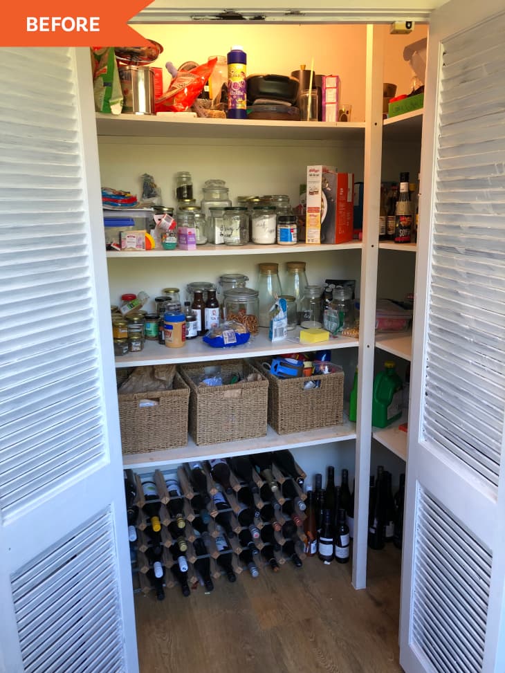 Before: white doors opening to show a large pantry with four white shelves packed with food