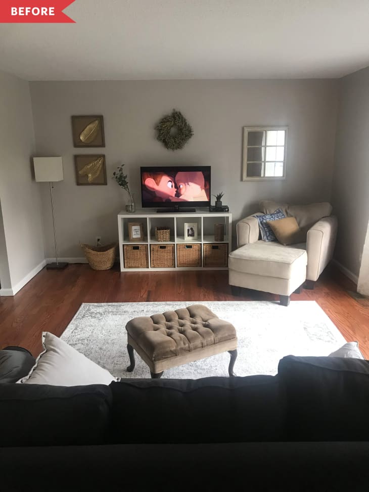 Before and After Cozy Brick Electric Fireplace in a White Living Room
