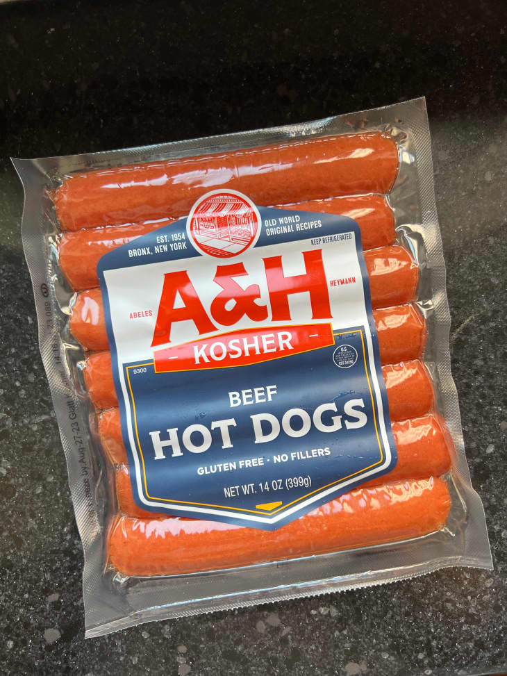 A&amp;H beef hot dogs in packaging.