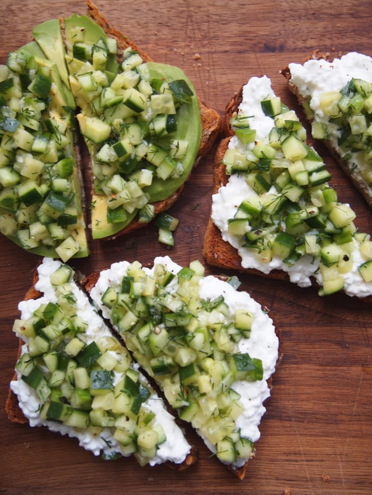 Baked by Melissa's Cucumber Toast recipe, slices of toast with cottage cheese and diced cucumbers