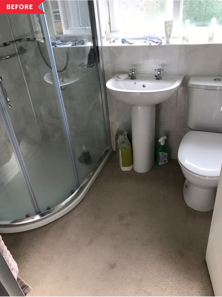 Before: beige-carpeted bathroom