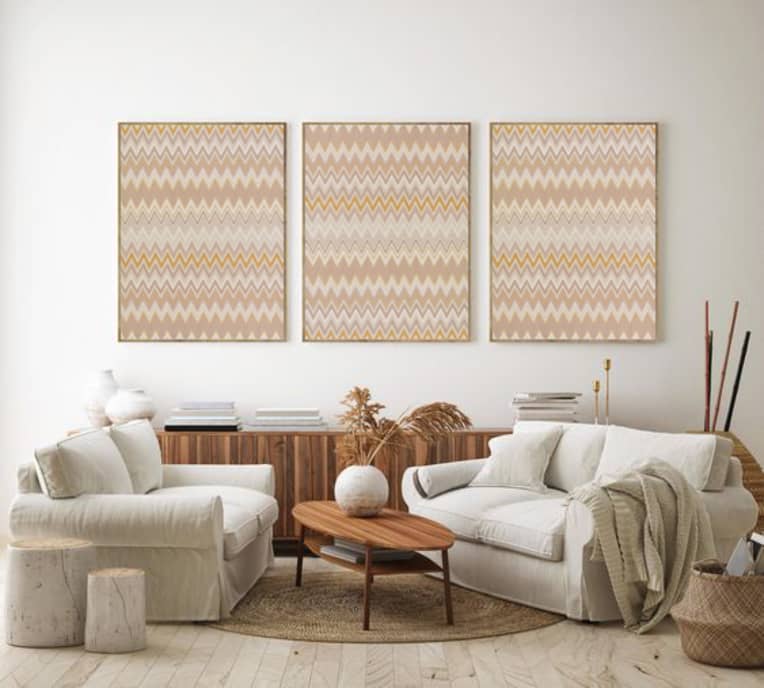 Wallpaper framed as artwork in a living room