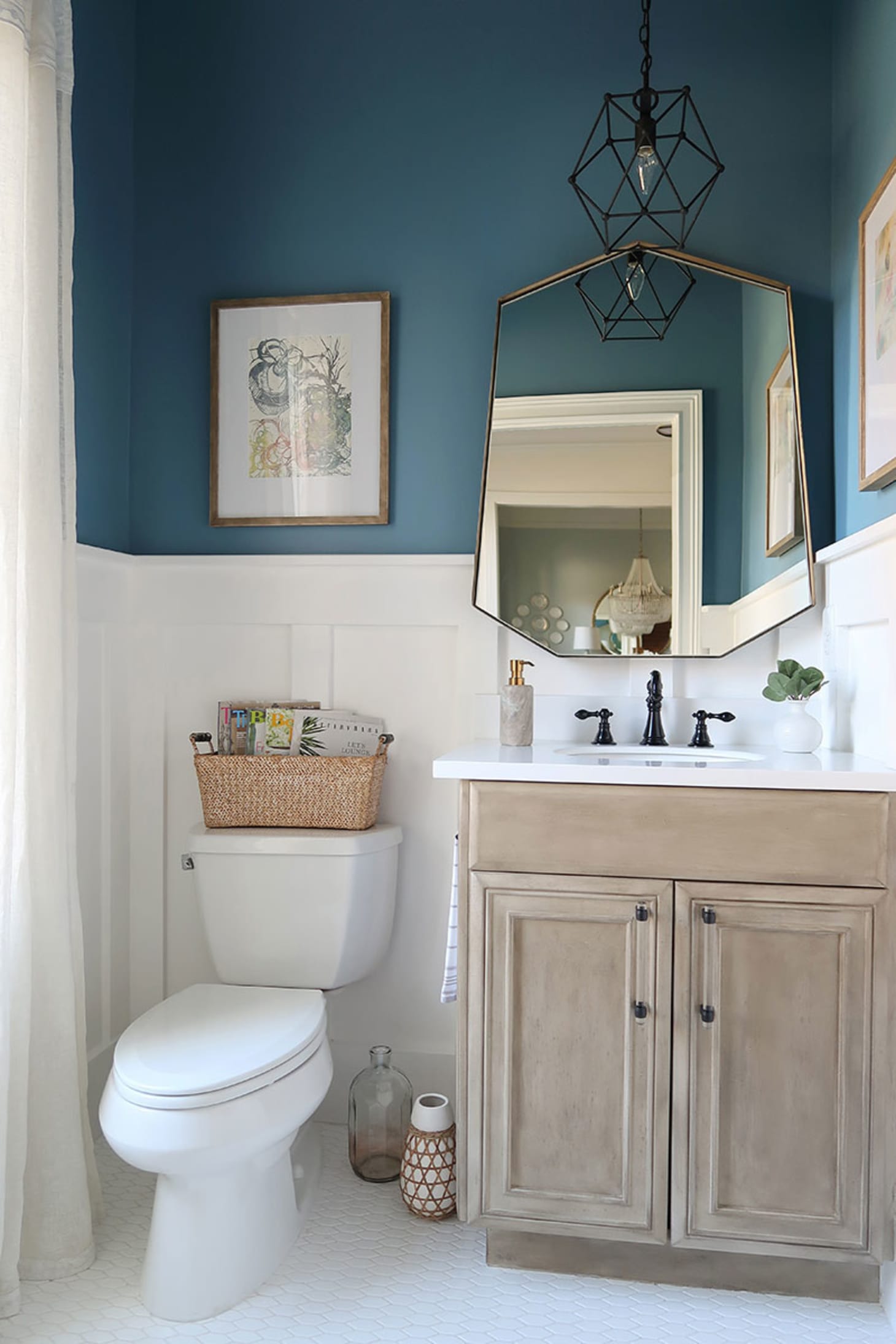Modern Coastal Powder Room With Blueprint Color Of The Year And Seadrift Vanity With Black Hardware