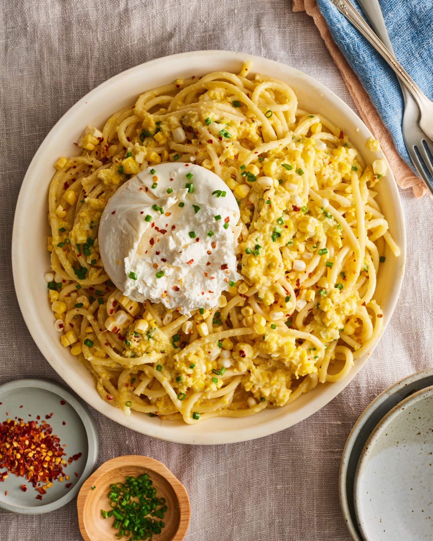 5Ingredient Creamy Corn Bucatini with Burrata Kitchn