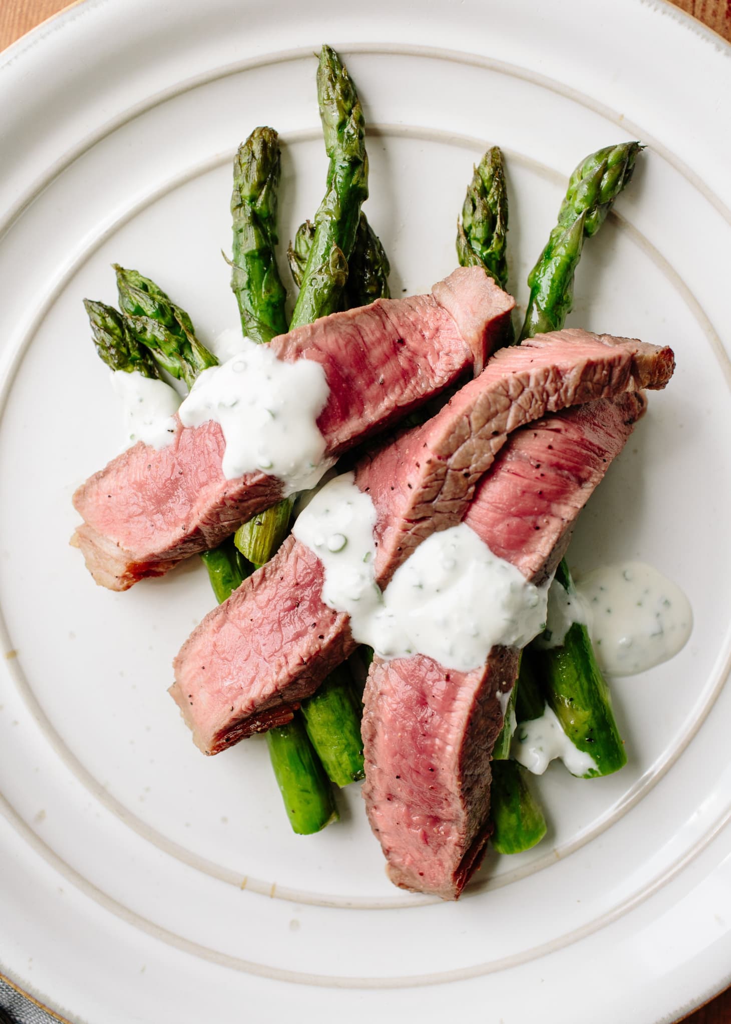 Recipe Broiled Steak & Asparagus with Feta Cream Sauce Kitchn