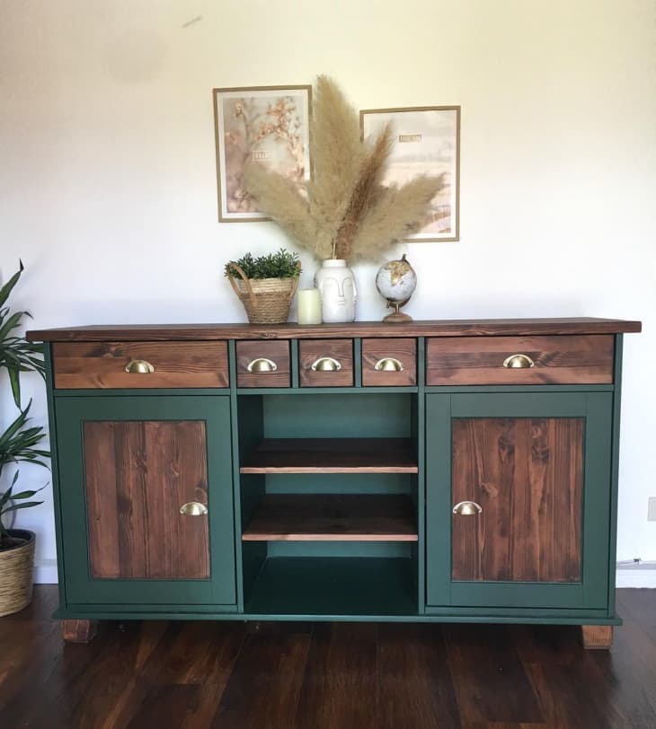 Hemnes cabinet stained dark brown and hunter green with gold drawer pulls