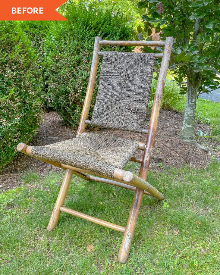 Before photo of DIY outdoor chair on a lawn, bushes in back. Chair is cane with a damaged woven rattan seat and back