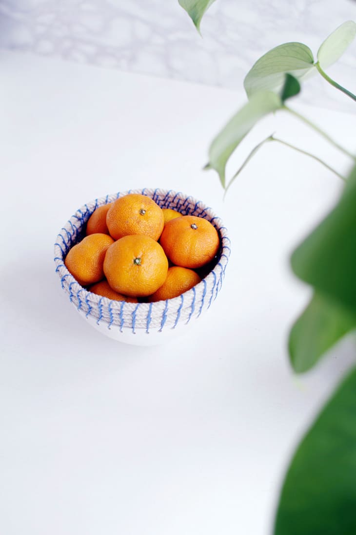 DIY clay and rope bowl filled with clementines