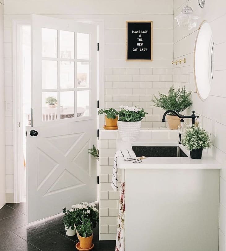 All white mudroom with black embellishments and plant decor