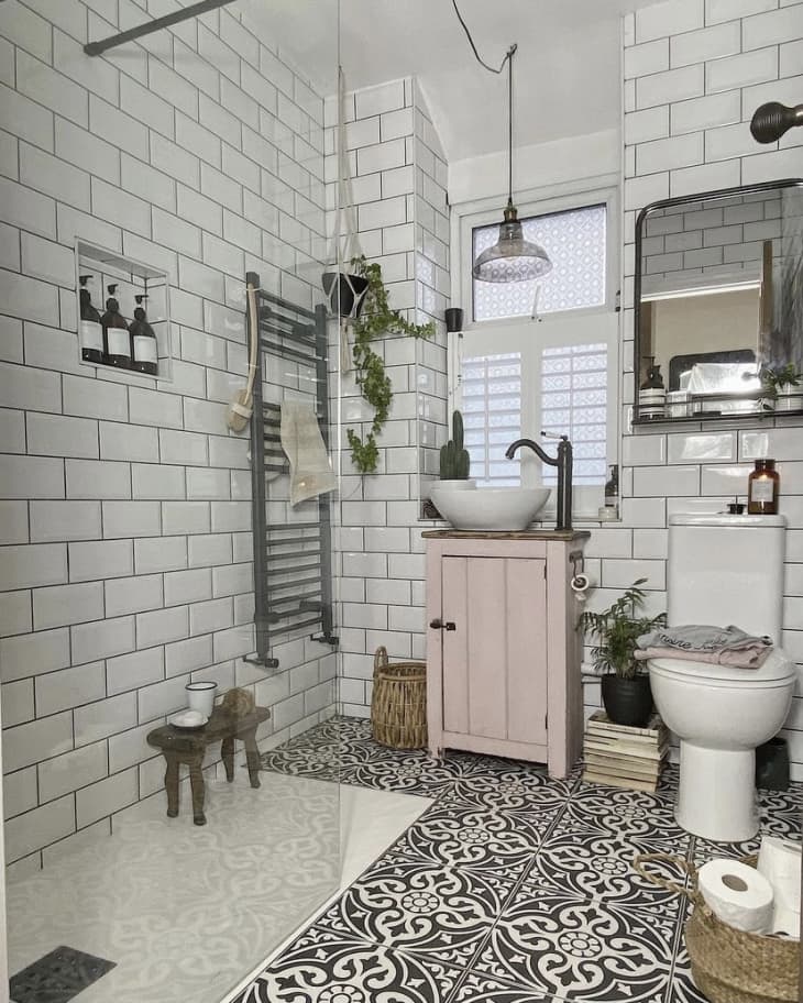 All White Mosaic Floor Bathroom