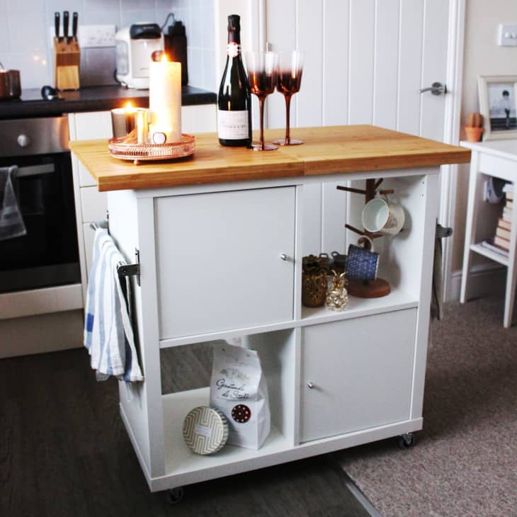 IKEA KALLAX hacked to create a kitchen island with a wood top