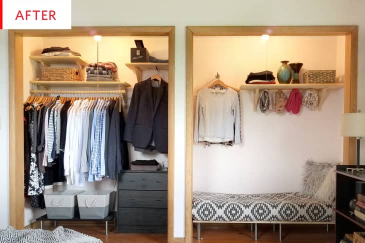 two side by side walk-in closets, one with a built-in dog bed