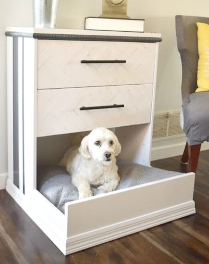 an upcycled IKEA side table transformed into a dog bed
