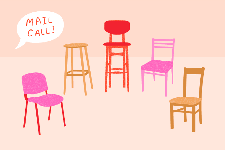 Clipart of a row of different types of chairs, with a text bubble saying "Mail Call!"