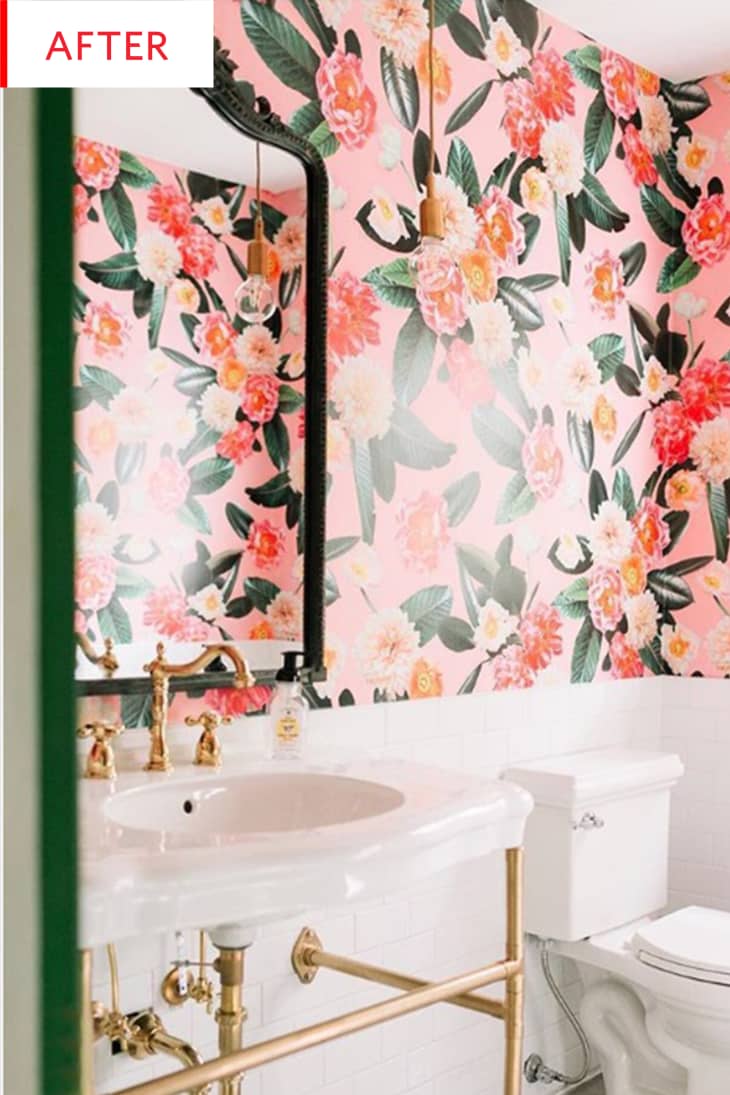 Floral Removable Wallpaper Bathroom Before After Photos | Apartment Therapy