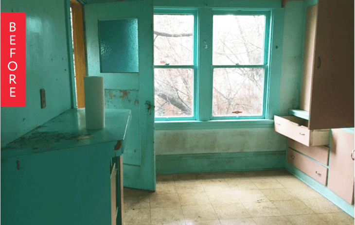 Before: a dingy bright teal room that looks neglected and like it hasn't been used in years