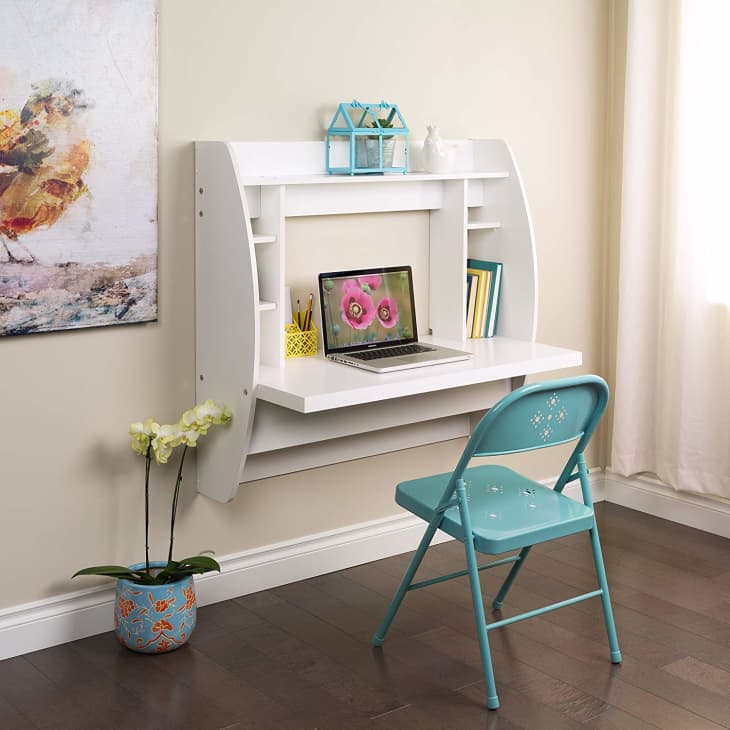 Kings Brand White Finish Wood Fold-Out Convertible Wall Mount Desk With Mirror