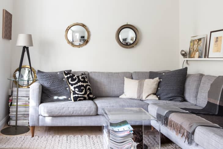 Small living room with large, grey sectional