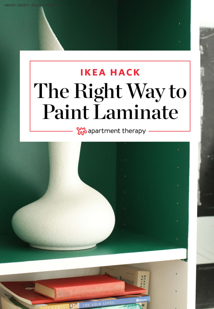 zoom-in of 2 tier bookcase with text "Ikea Hack; The Right Way to Paint Laminate"