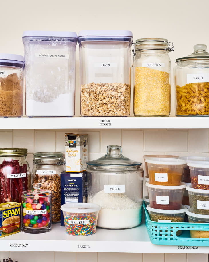 Storage containers are labeled neatly using a label maker