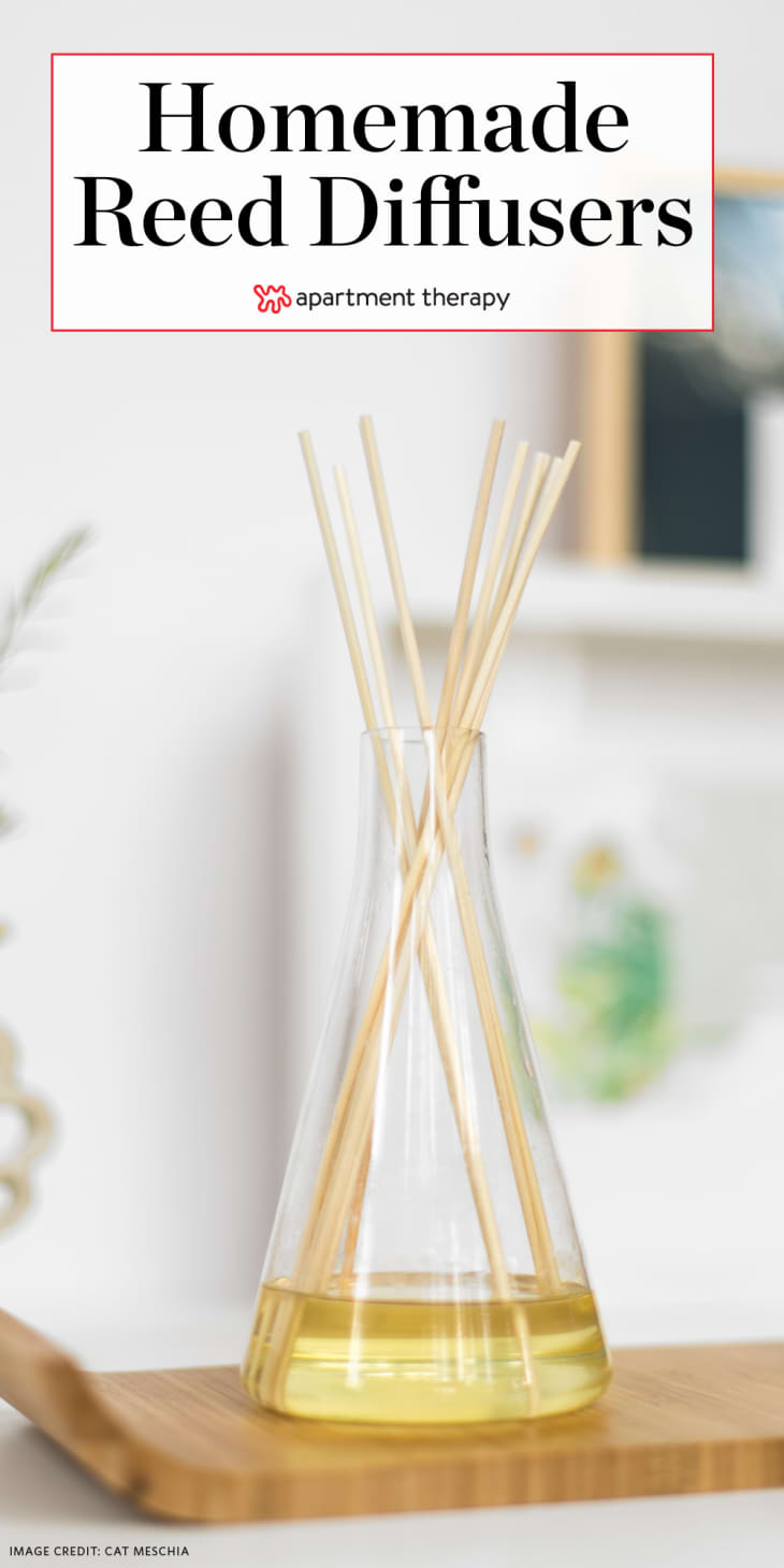 Reed diffuser on a wooden tray with the text "Homemade Reed Diffusers"