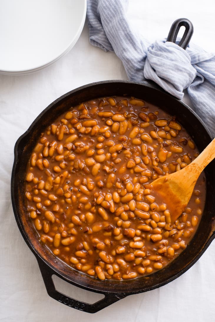 Pork and beans on a cast iron skillet