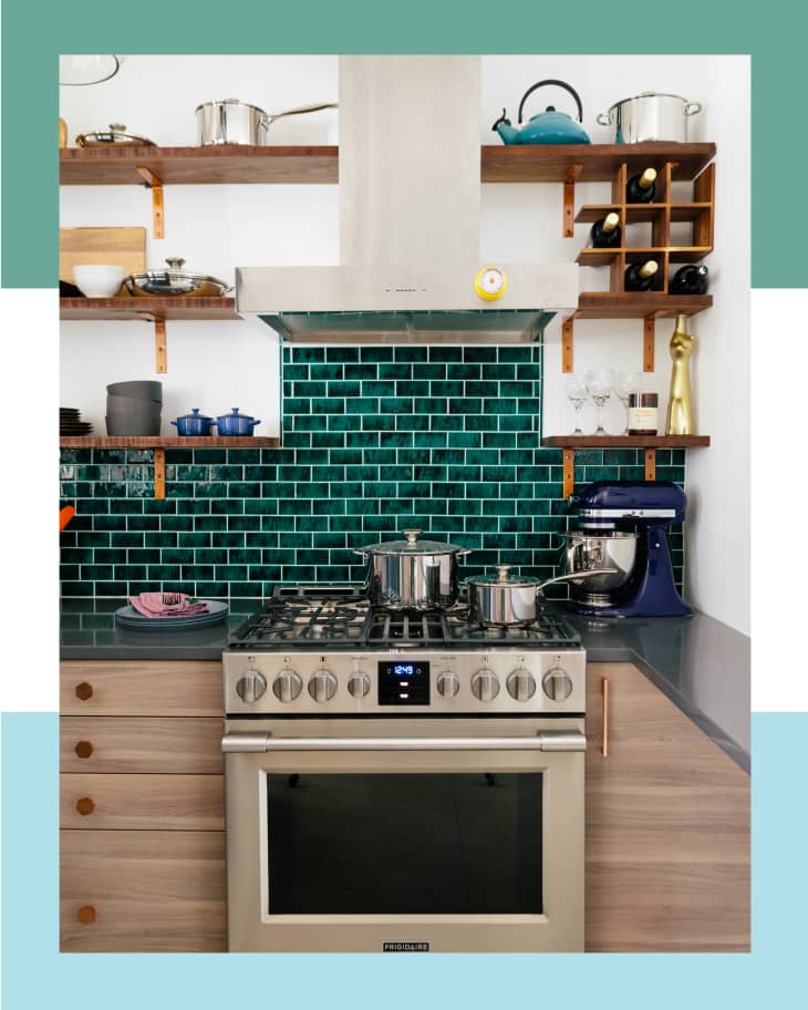 Kitchen with green tiled backsplash