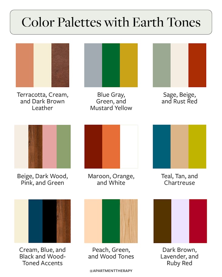 graphic showing 9 color palette combinations using earth tones