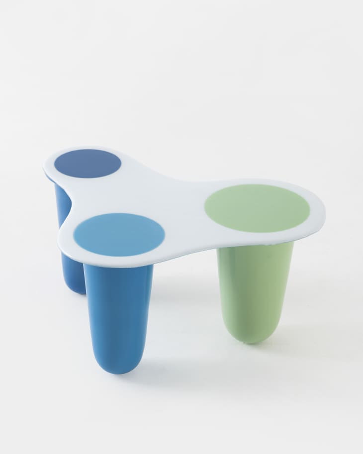 Blue green and white table sculpture by Marcelo Suro, "Up is Down"