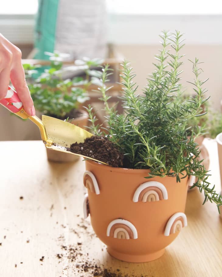 Scooping soil into a plant pot