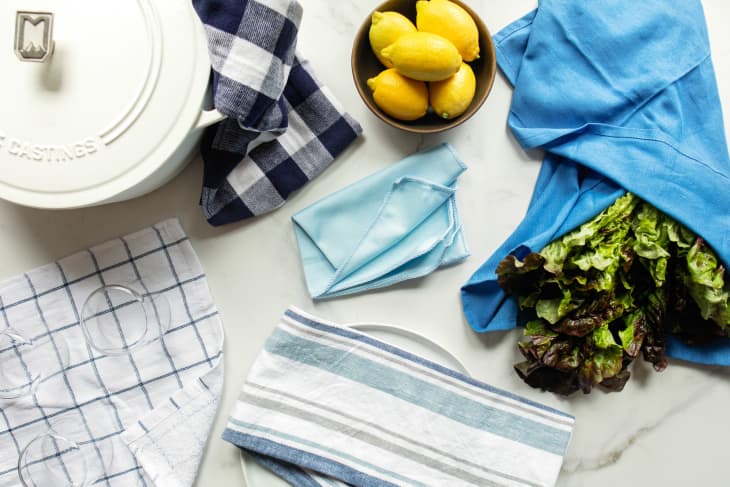 5 different types of kitchen towels arranged in the kitchen