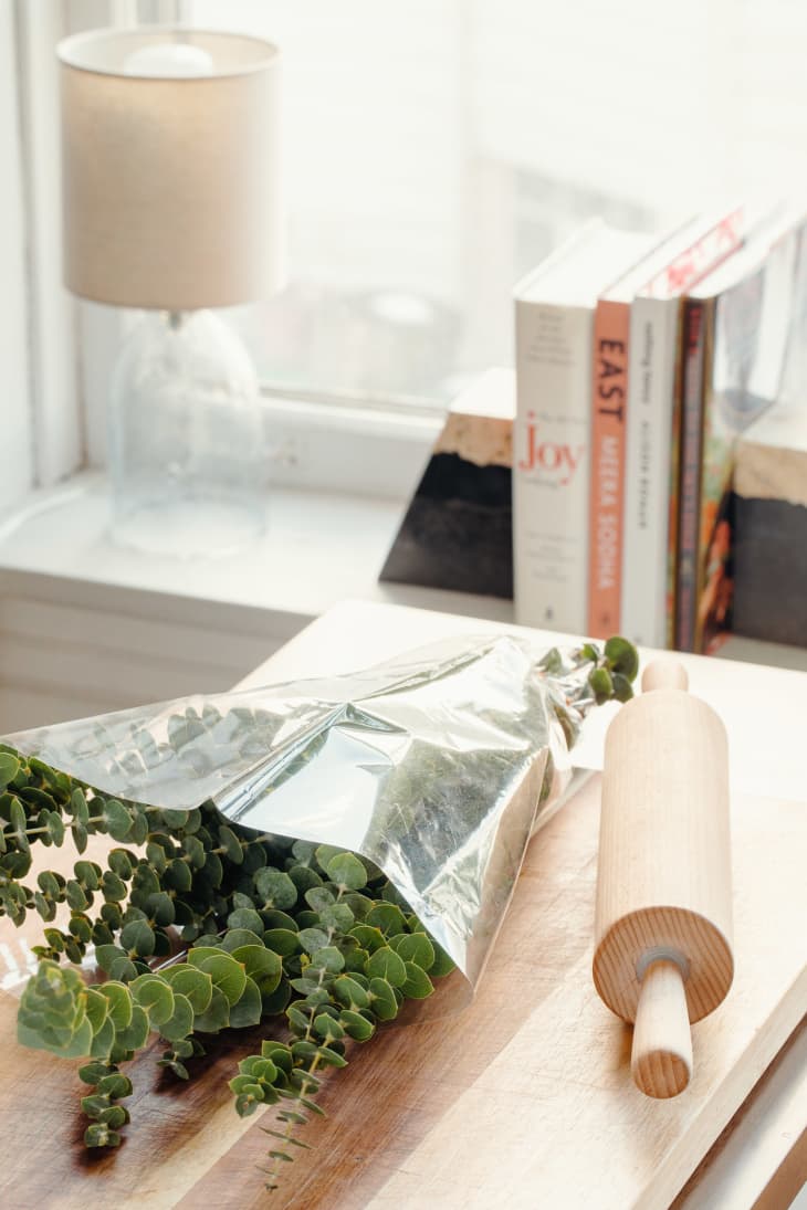 Eucalyptus in a plastic bag with rolling pin next to it on kitchen counter