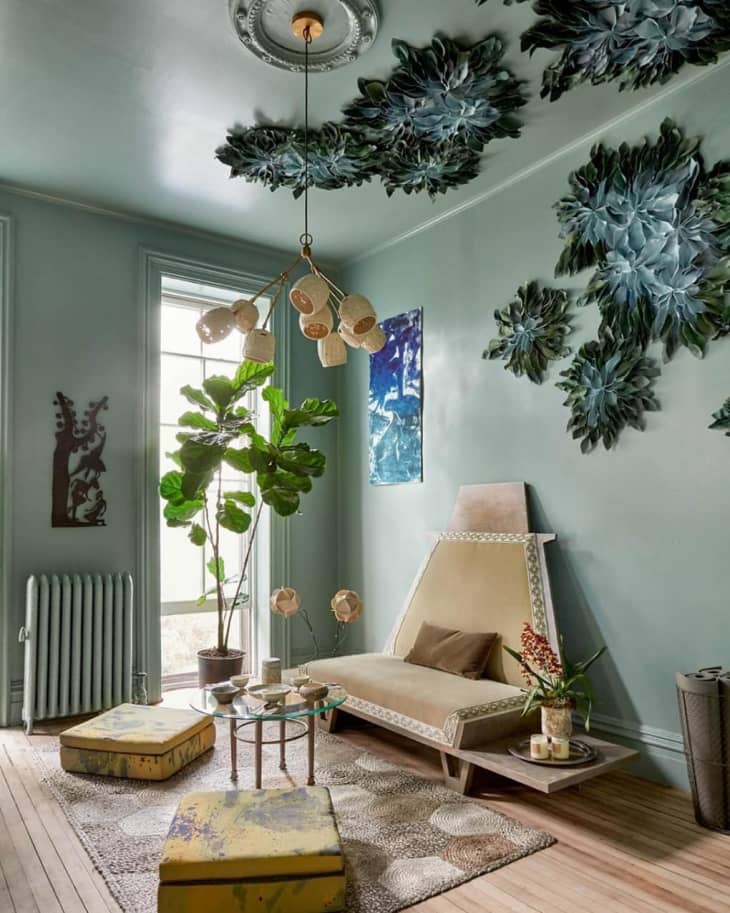 Green room designed by Damour Drake with a fabric leaf art installation by Nikki Snyder
