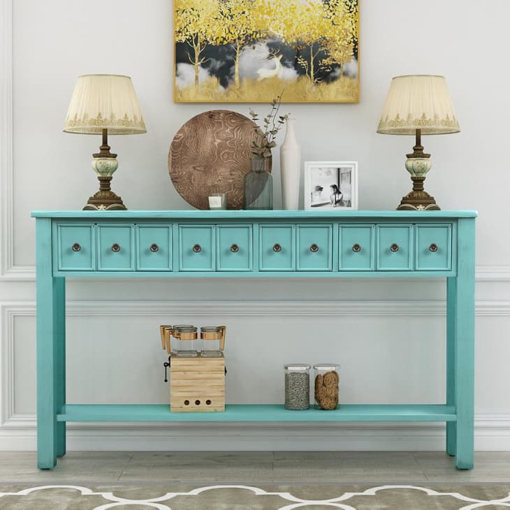 Slim Entryway Sofa Table with Bottom Shelf Navy Easy Assembly LUMISOL Narrow 3-Drawer Console Table
