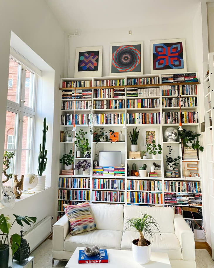 boho living room with library