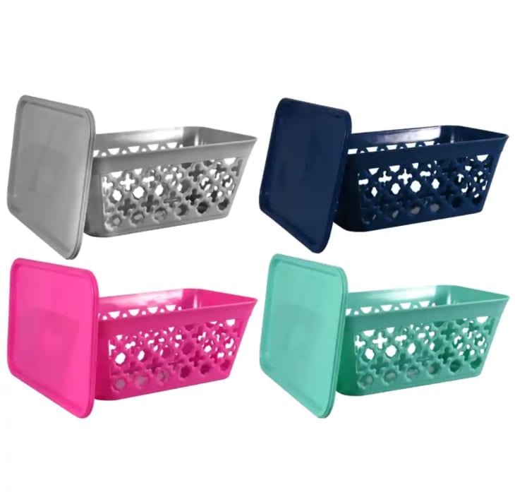 24-Case of Colorful Plastic Rectangular Slotted Baskets with Handles and Lids at Dollar Tree