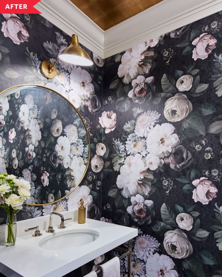 After: Powder room with dramatic floral wallpaper,  gold-leafed ceiling, and gold light fixture