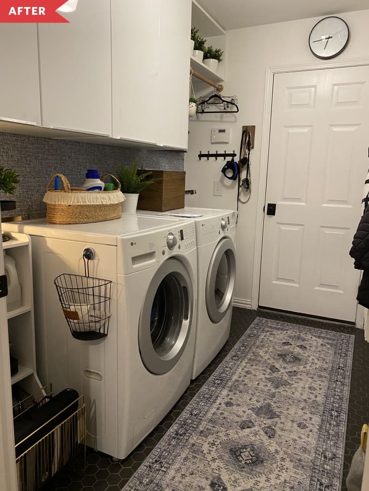 After: White laundry room with IKEA SEKTON cabinets and slate gray floors