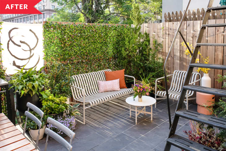 After: Patio with green trellis wall and seating