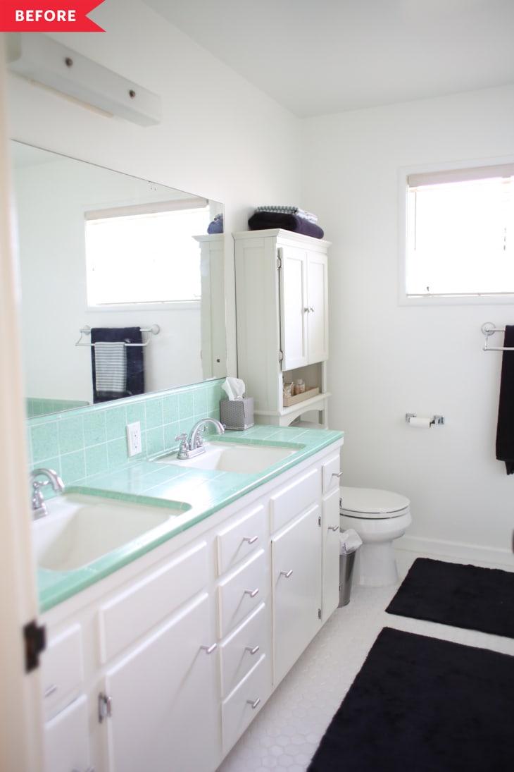 Before: White vanity with mint green tile and countertop